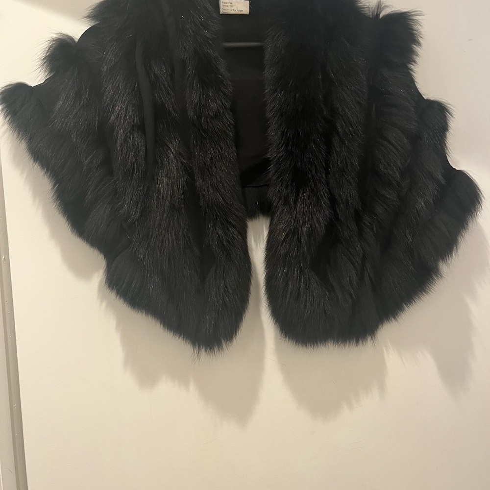 Adrienne Landau Black Silk and Fox Fur Cape